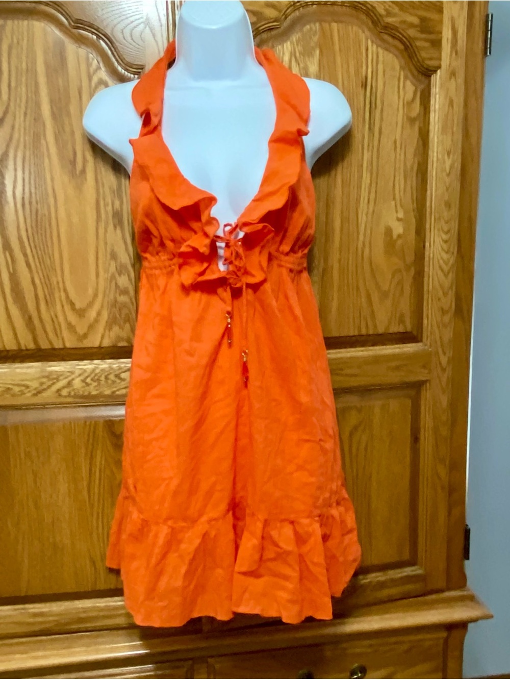 Ralph Lauren Orange Cotton Ruffle Halter Mini Dress M Embellish Jewel Boho RARE